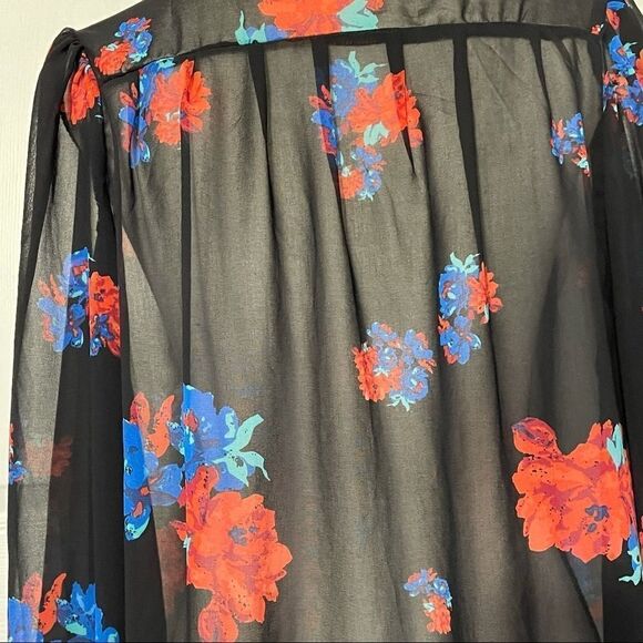 MINKPINK Sheer Black Button Down Blouse with Vibrant Red & Blue Roses, Medium - Picture 8 of 15